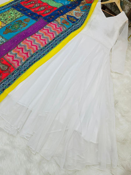 Graceful White Color Ready Made Georgette Gown Dupatta