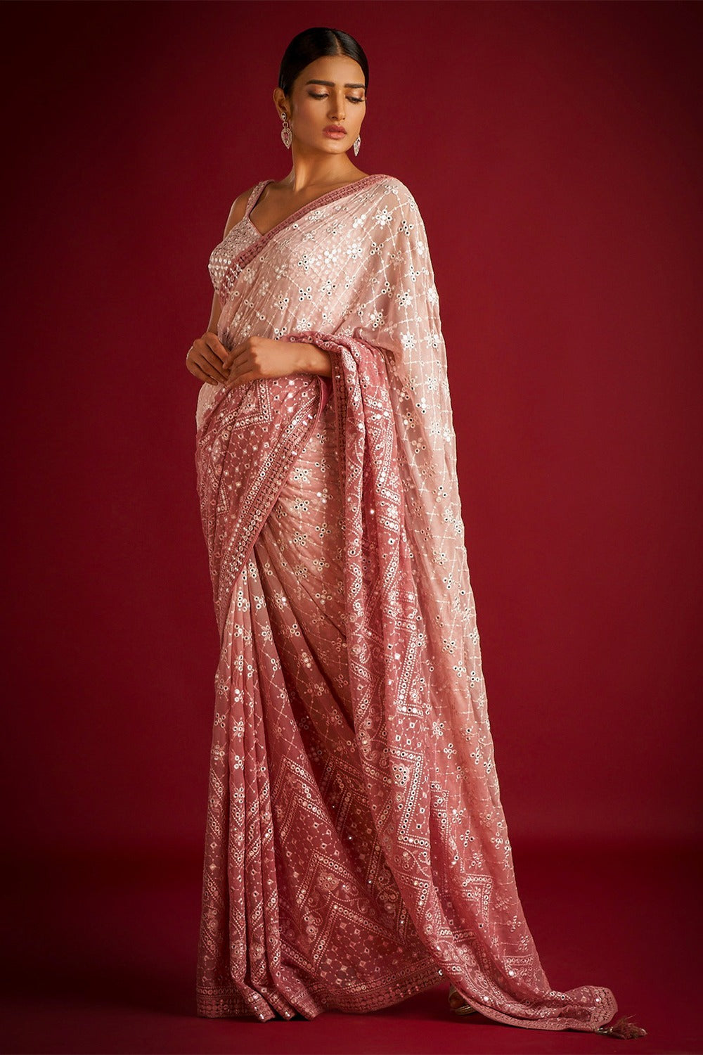 Peach color Georgette Embroidery Party Wear Saree with blouse