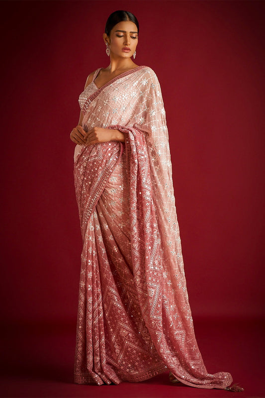 Peach color Georgette Embroidery Party Wear Saree with blouse
