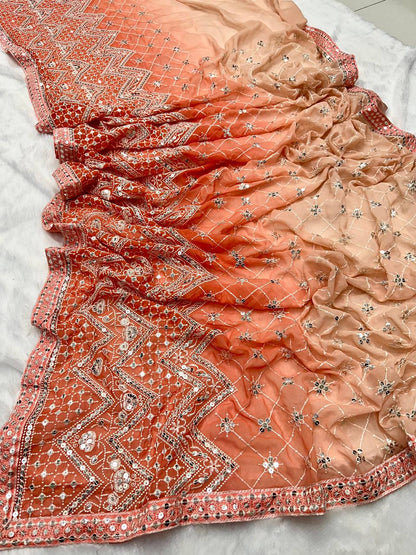 Peach color Georgette Embroidery Party Wear Saree with blouse