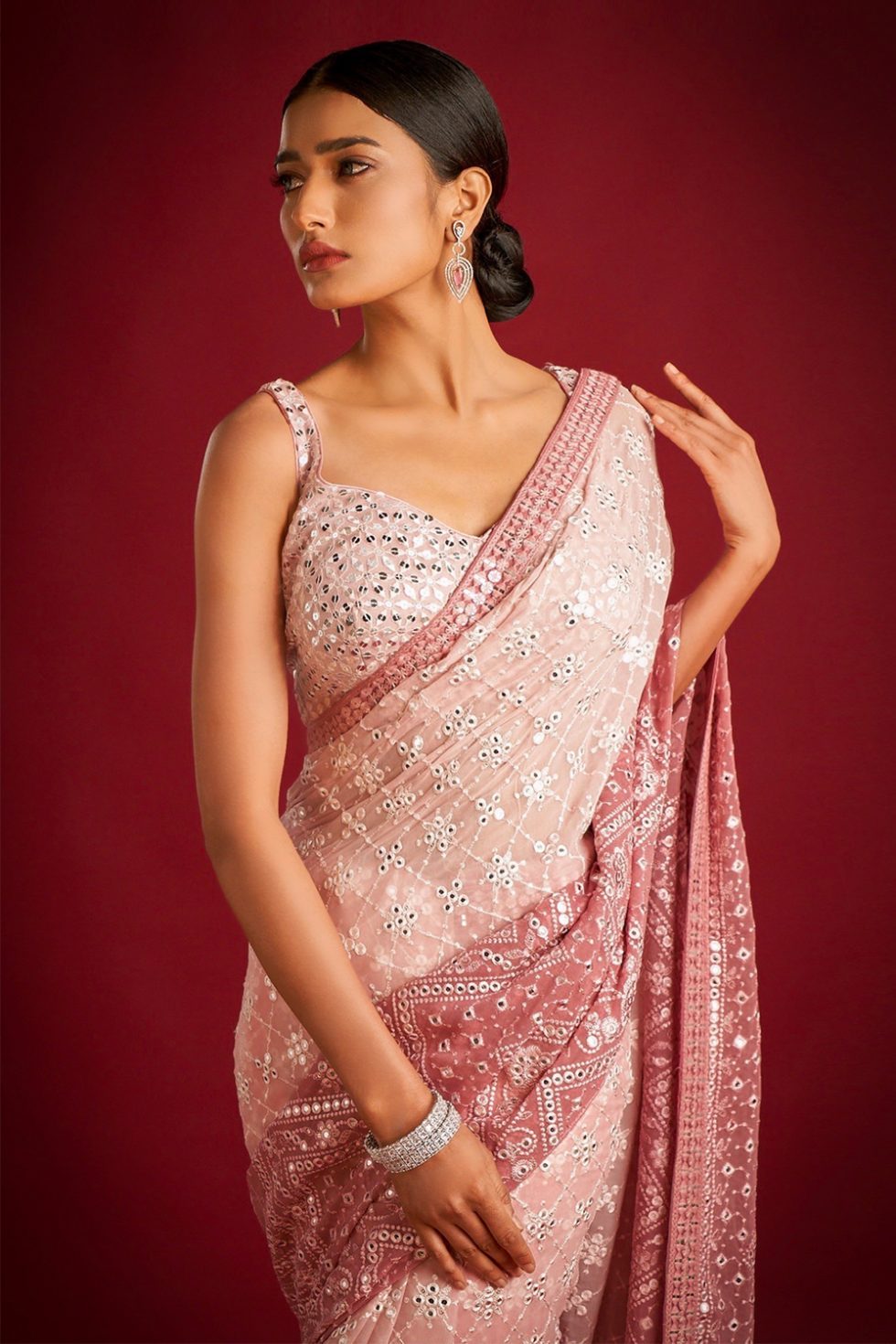 Peach color Georgette Embroidery Party Wear Saree with blouse