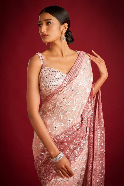 Peach color Georgette Embroidery Party Wear Saree with blouse