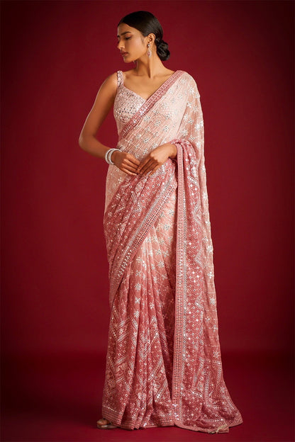 Peach color Georgette Embroidery Party Wear Saree with blouse