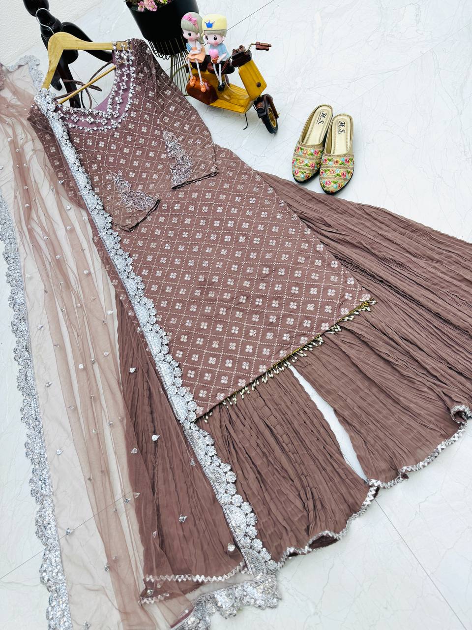 Wedding Wear Light Purple Color Georgette Mirror Sequence Work Sharara Suit Suit