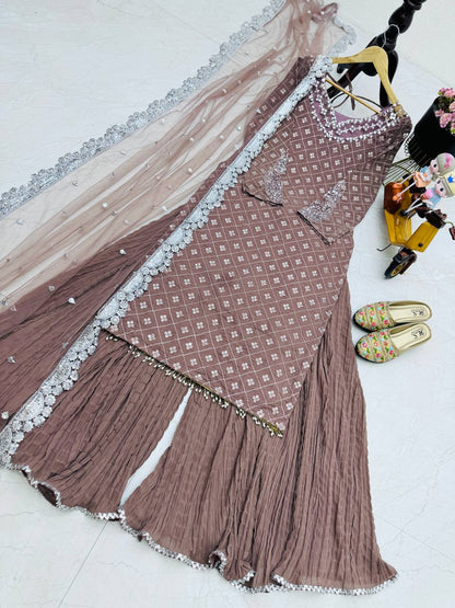 Wedding Wear Light Purple Color Georgette Mirror Sequence Work Sharara Suit Suit