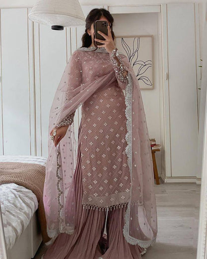 Wedding Wear Light Purple Color Georgette Mirror Sequence Work Sharara Suit Suit