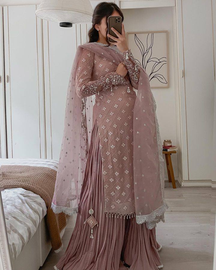 Wedding Wear Light Purple Color Georgette Mirror Sequence Work Sharara Suit Suit