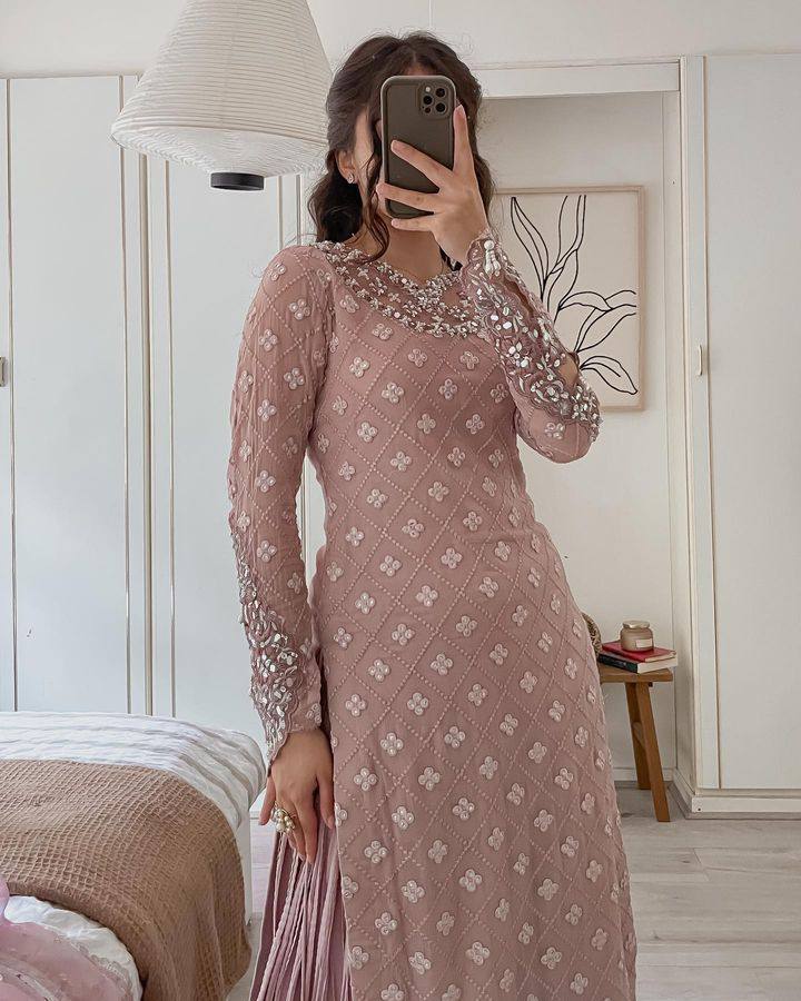 Wedding Wear Light Purple Color Georgette Mirror Sequence Work Sharara Suit Suit