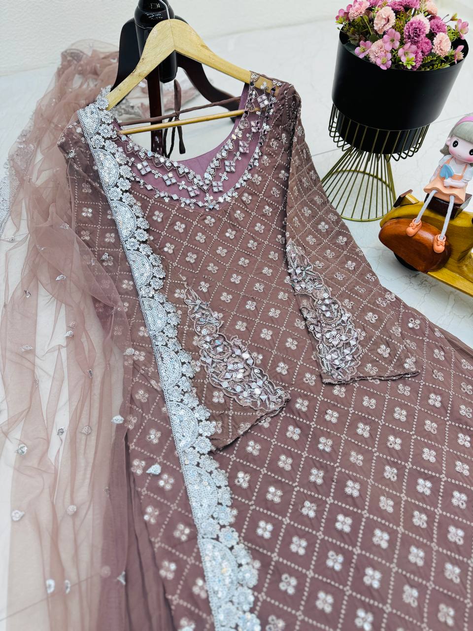 Wedding Wear Light Purple Color Georgette Mirror Sequence Work Sharara Suit Suit