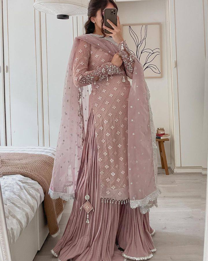 Wedding Wear Light Purple Color Georgette Mirror Sequence Work Sharara Suit Suit