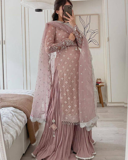 Wedding Wear Light Purple Color Georgette Mirror Sequence Work Sharara Suit Suit