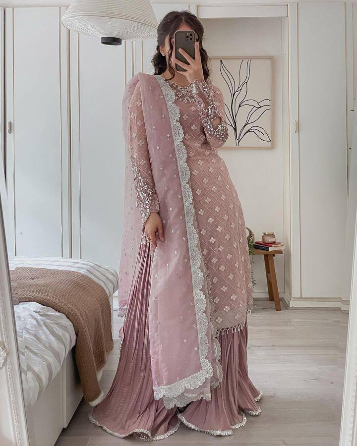 Wedding Wear Light Purple Color Georgette Mirror Sequence Work Sharara Suit Suit