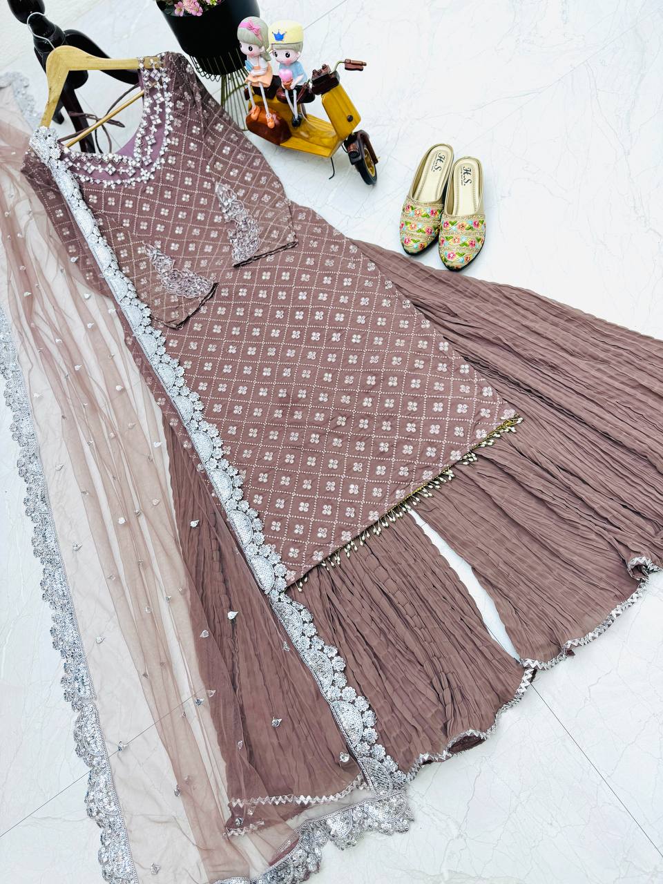 Wedding Wear Light Purple Color Georgette Mirror Sequence Work Sharara Suit Suit