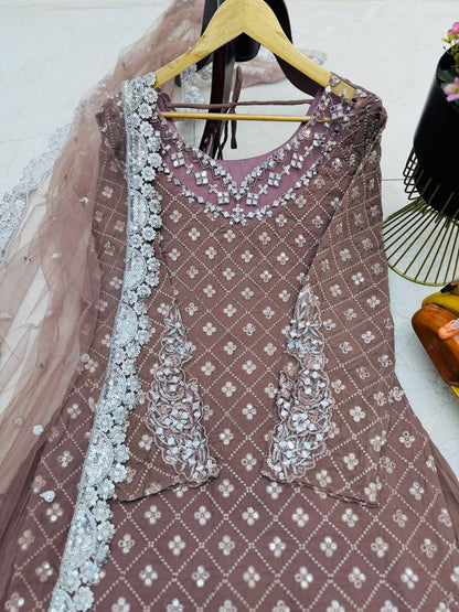 Wedding Wear Light Purple Color Georgette Mirror Sequence Work Sharara Suit Suit