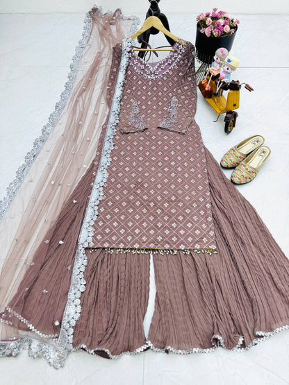 Wedding Wear Light Purple Color Georgette Mirror Sequence Work Sharara Suit Suit