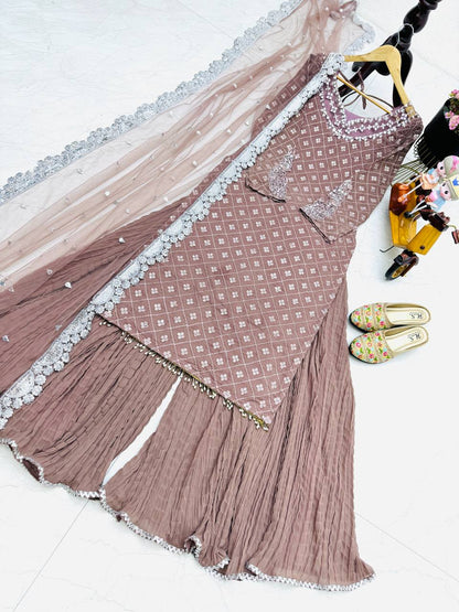 Wedding Wear Light Purple Color Georgette Mirror Sequence Work Sharara Suit Suit