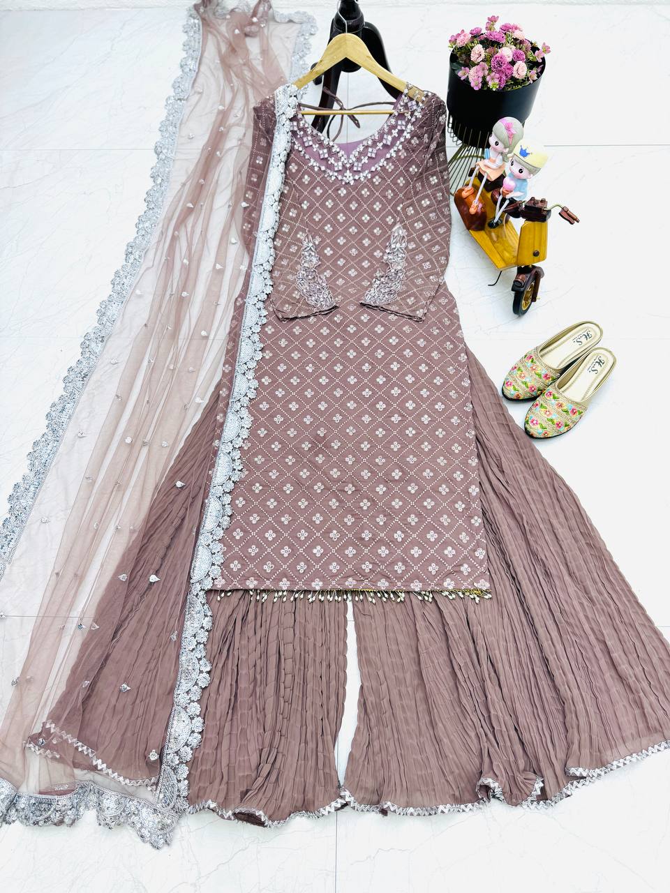 Wedding Wear Light Purple Color Georgette Mirror Sequence Work Sharara Suit Suit