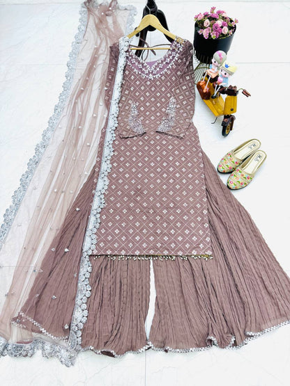 Wedding Wear Light Purple Color Georgette Mirror Sequence Work Sharara Suit Suit