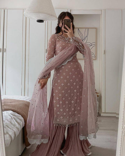 Wedding Wear Light Purple Color Georgette Mirror Sequence Work Sharara Suit Suit