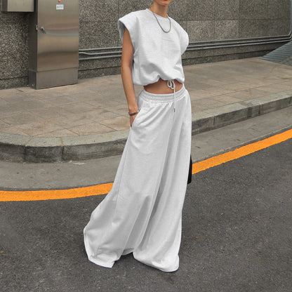 Sleeveless Pullover Top And Floor-length Wide-leg Pants Sweatshirt Set