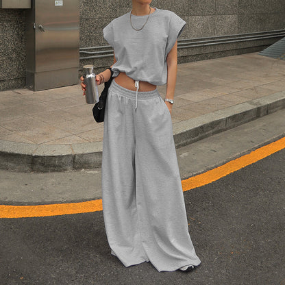 Sleeveless Pullover Top And Floor-length Wide-leg Pants Sweatshirt Set