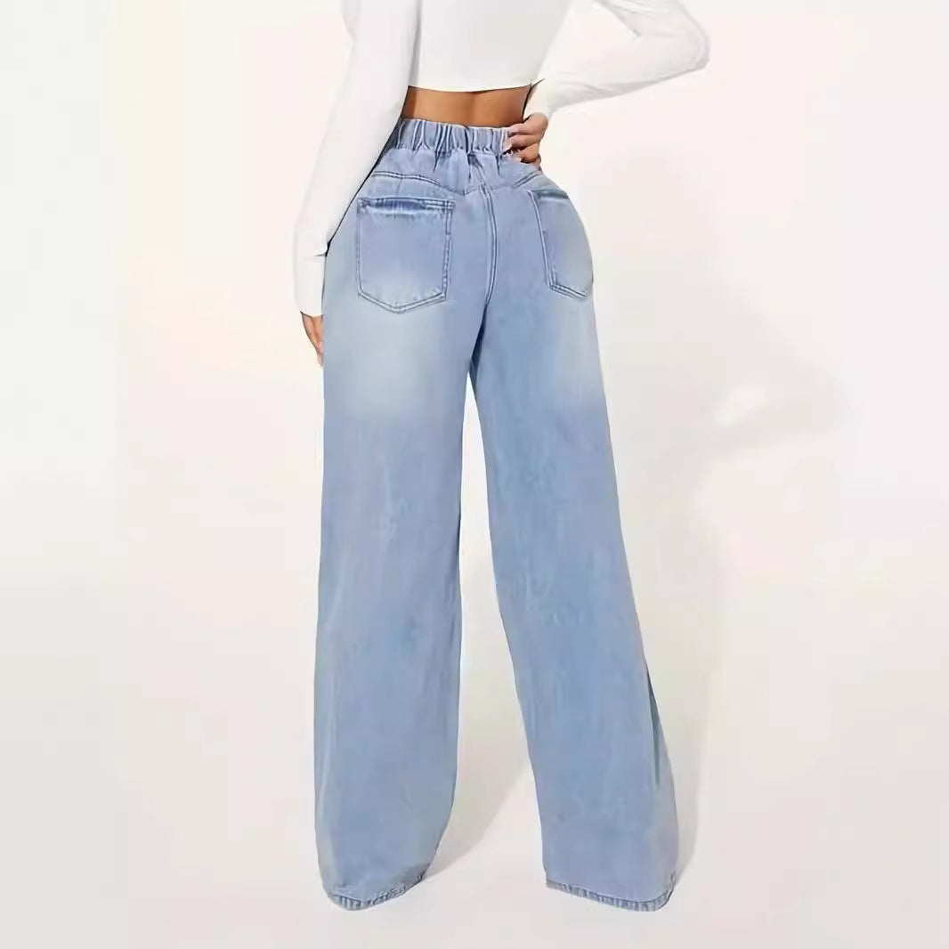 High Waist Drawstring Loose Wide Leg Light Blue Jeans