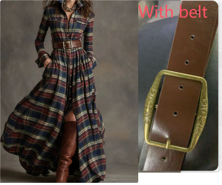Ins Plaid Print Long-Sleeved Dress Fashion Pockets Collared Buttons Shirt Long Dresses Retro Women's Clothing