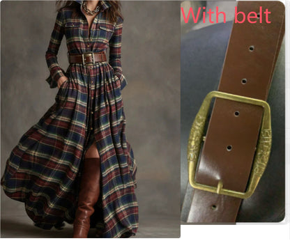 Ins Plaid Print Long-Sleeved Dress Fashion Pockets Collared Buttons Shirt Long Dresses Retro Women's Clothing