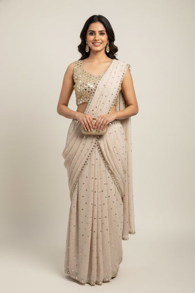 Premium Faux Georgette Ready-to-Wear Saree with Real Mirror & Sequins Work