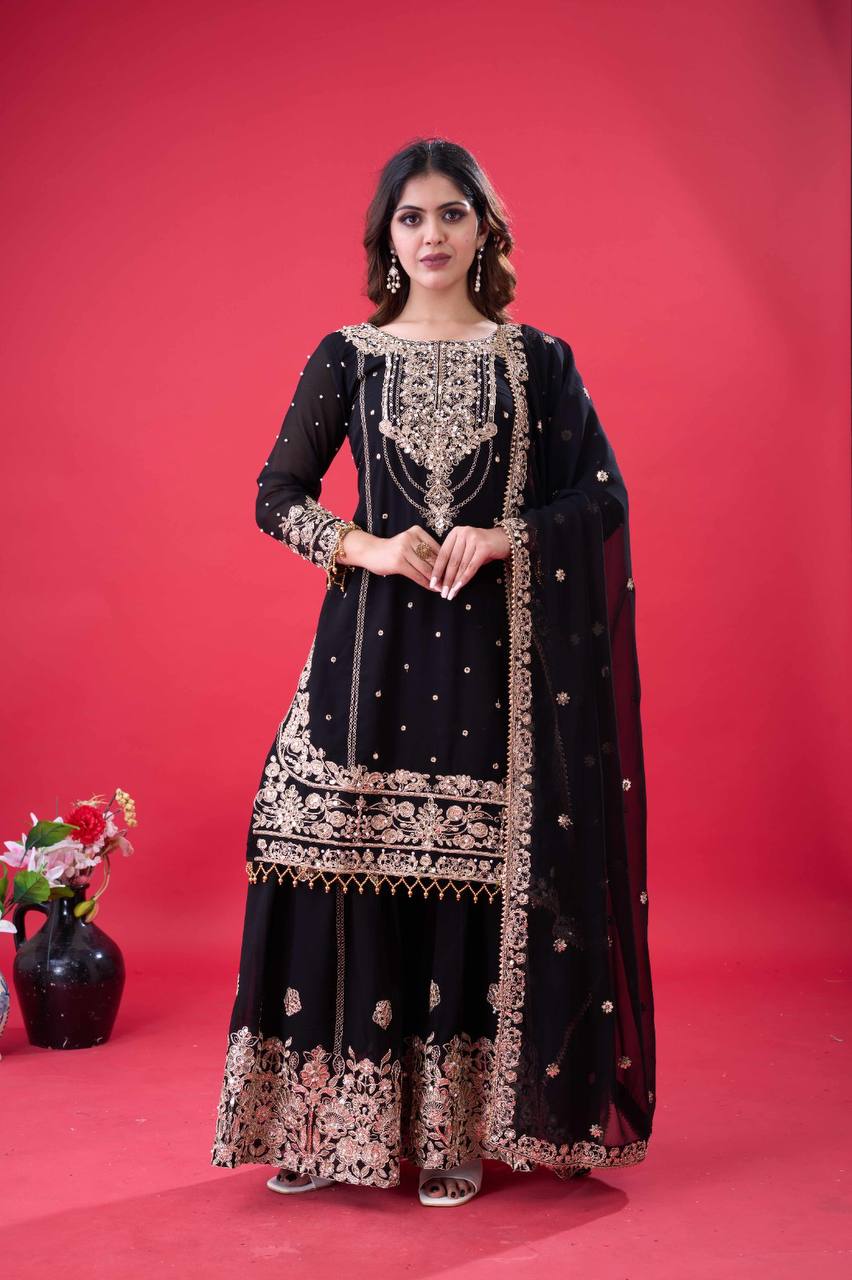 Latest Georgette Moti Embroidery Sharara Suit