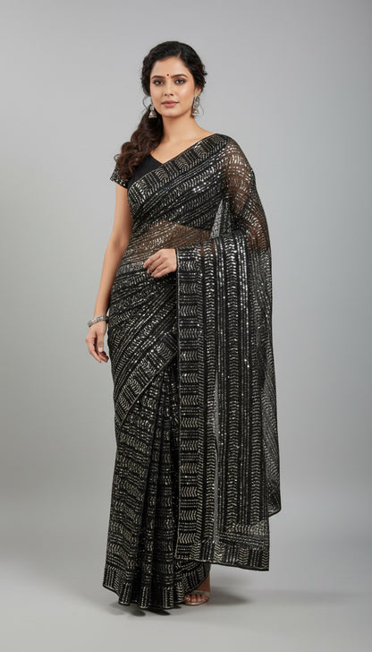 Black Georgette Embroidery Saree