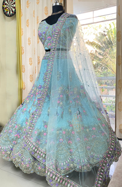 Blue Net Party Wear Lehenga For Women
