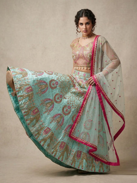 Premium Slub Silk Bridal Lehenga Choli with Intricate Embroidery & Foil Mirror Work