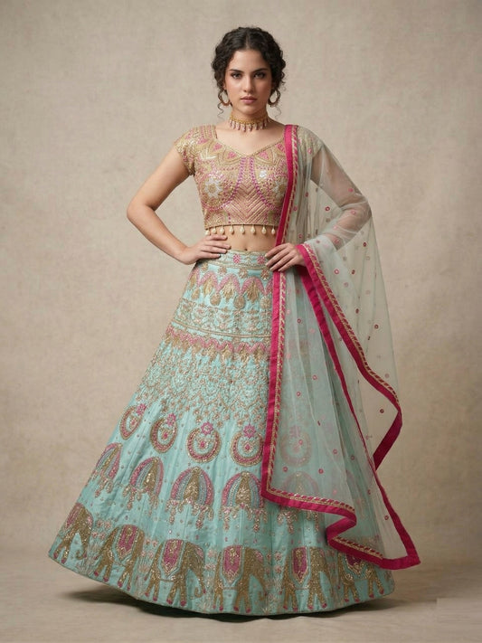 Premium Slub Silk Bridal Lehenga Choli with Intricate Embroidery & Foil Mirror Work