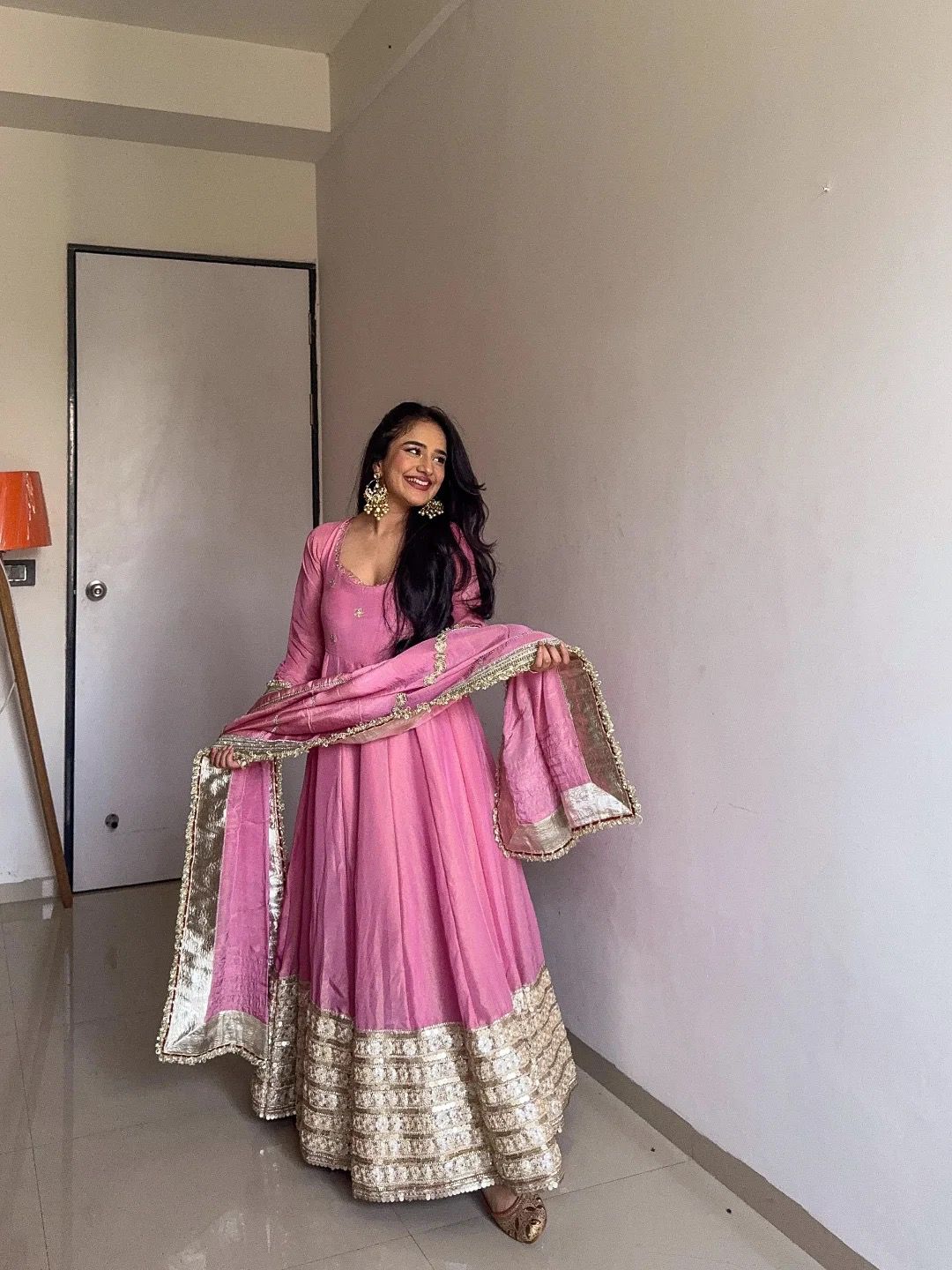 Elegant Chinon Silk Ethnic Set with Thread Sequence Embroidery