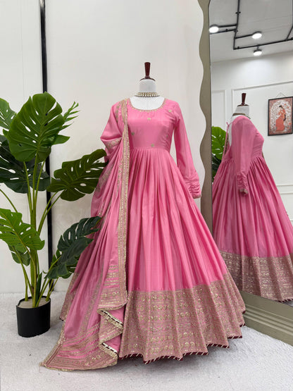Elegant Chinon Silk Ethnic Set with Thread Sequence Embroidery