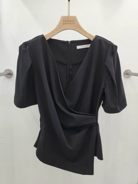 Womens Solid-Color French-Style Chic Asymmetrical Cross V-Neck Short-Sleeve Top