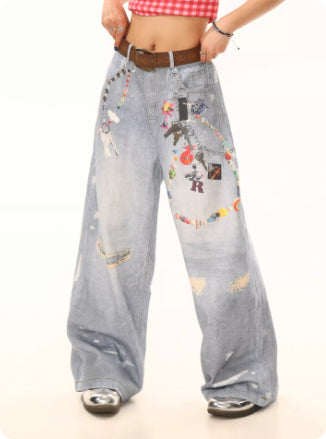 American-style Washed Chain Print Loose-fitting Jeans For Women