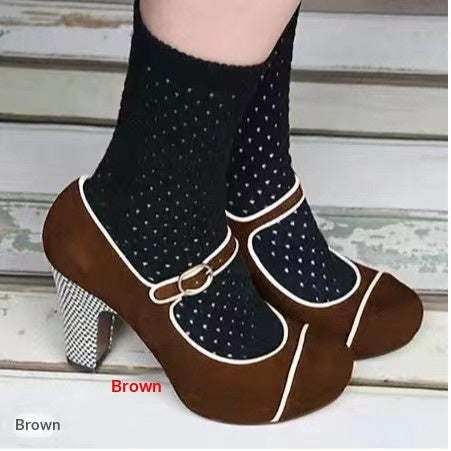 Womens Retro Round-Toe Low-Heel Pumps With Ankle Strap Buckle