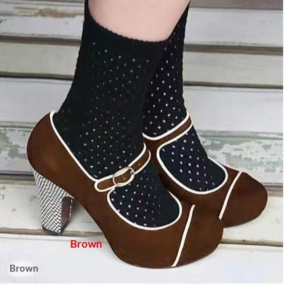 Womens Retro Round-Toe Low-Heel Pumps With Ankle Strap Buckle