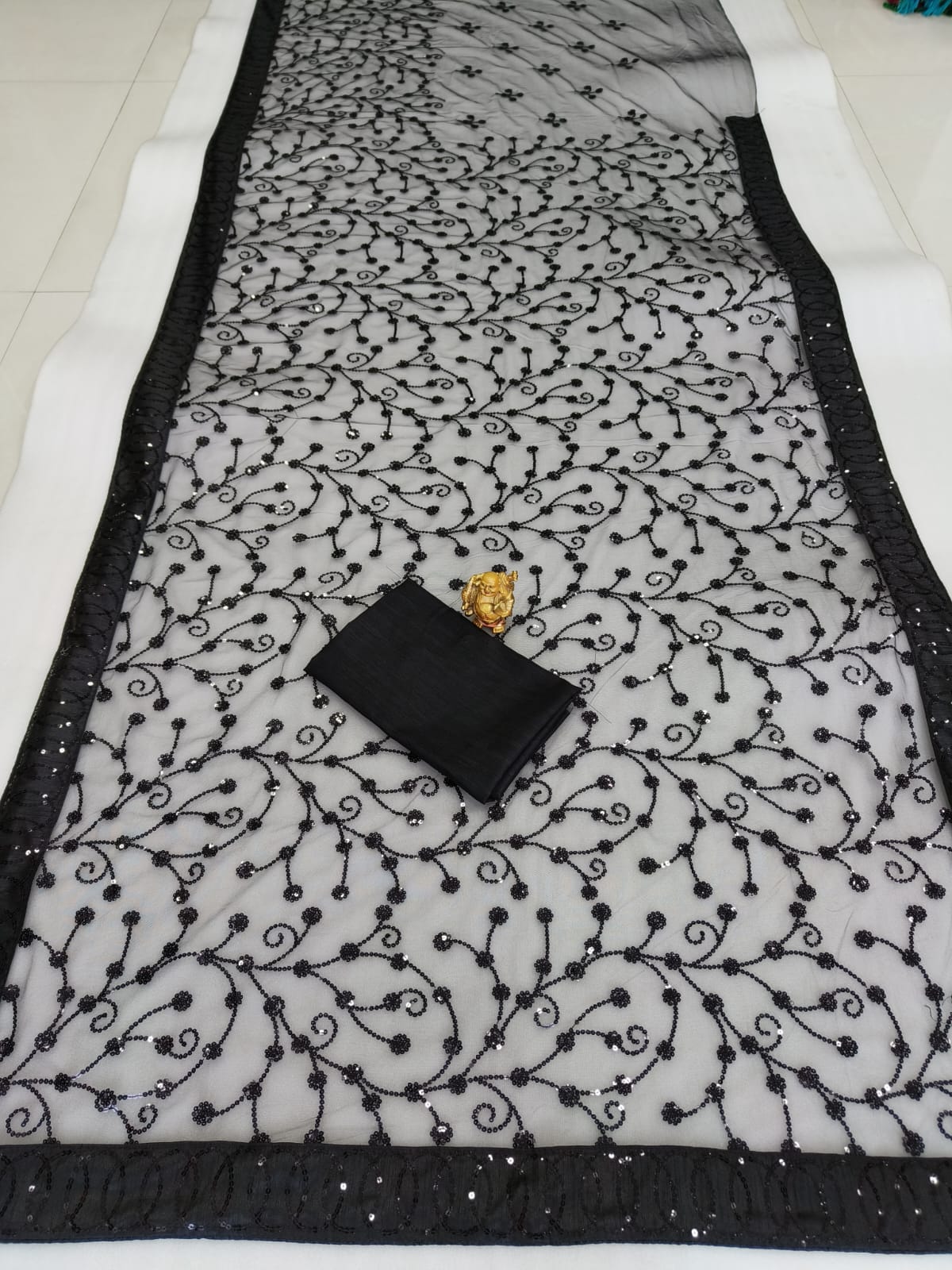 Latest Trending Net Embroidered Saree with Blouse