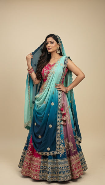 Radiant Chinon Silk Embroidered Lehenga Choli Set – Traditional Elegance