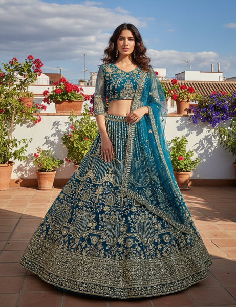 Elegant Sequins & Coding Embroidered Butterfly Net Lehenga Choli Set
