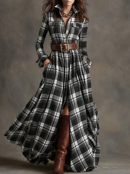 Ins Plaid Print Long-Sleeved Dress Fashion Pockets Collared Buttons Shirt Long Dresses Retro Women's Clothing
