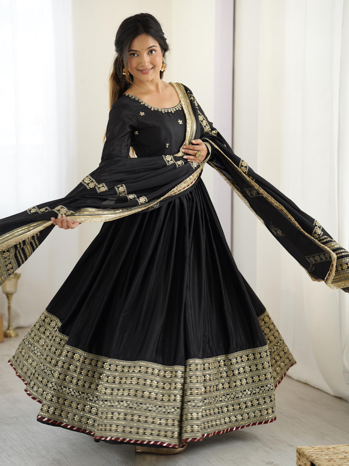 Elegant Chinon Silk Ethnic Set with Thread Sequence Embroidery