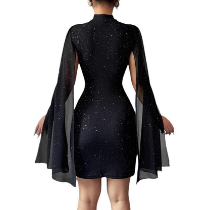 Women's Sexy Elegant Evening Party Dresses Round Neck Pit Stripe Pearl Chiffon Cape Sleeve Wrapped Hip Dress