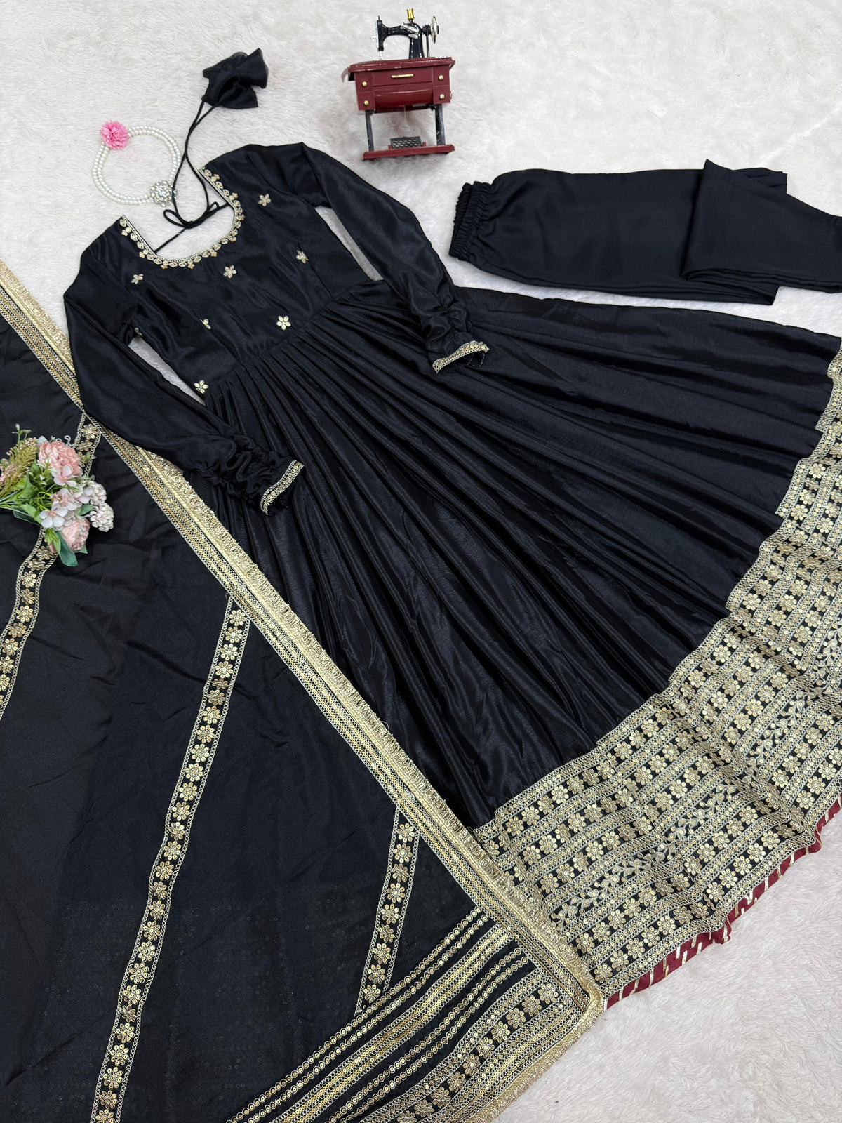 Elegant Chinon Silk Ethnic Set with Thread Sequence Embroidery