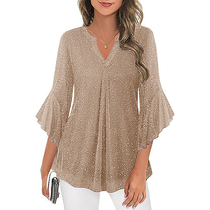 Womens Casual Silver-Thread Mesh V-Neck Petal Three-Quarter Sleeve Loose Top