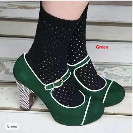 Womens Retro Round-Toe Low-Heel Pumps With Ankle Strap Buckle