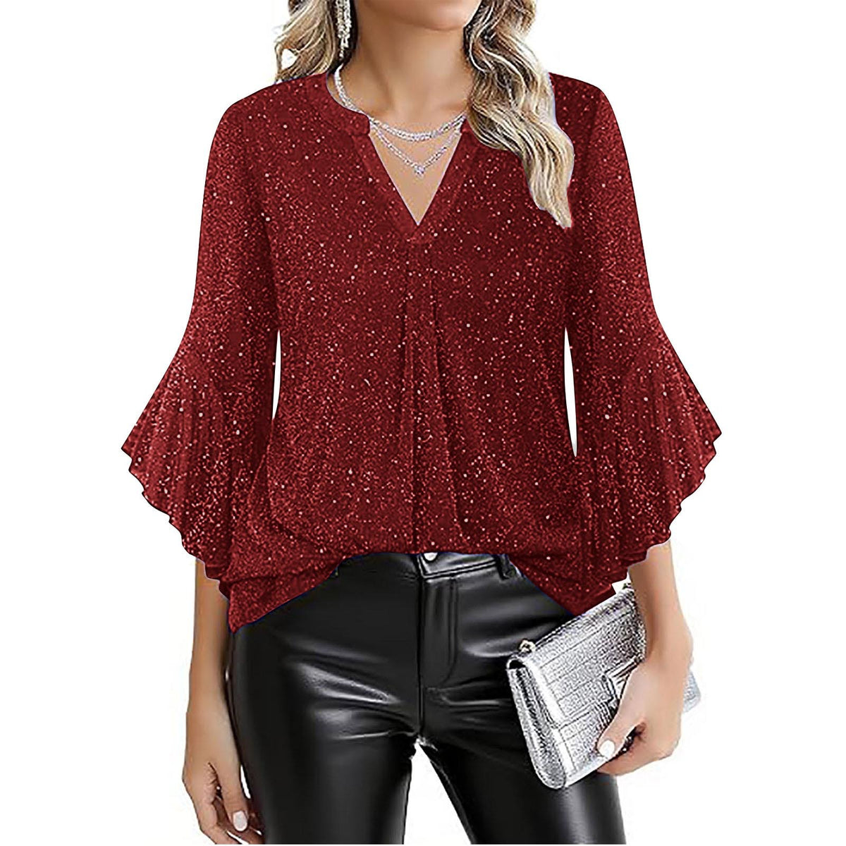 Womens Casual Silver-Thread Mesh V-Neck Petal Three-Quarter Sleeve Loose Top